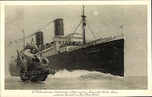 Mondschein Ansichtskarte / Postkarte Dampfschiff Columbus, Segelschiff, Norddeutscher Lloyd, Kirc...