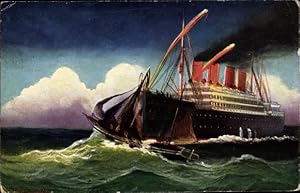 Künstler Ansichtskarte / Postkarte Übergesegelt, Collission, Dampfschiff stößt mit Fischerboot zu...