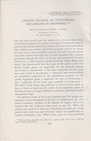 Imagen del vendedor de Genetic Control Of Tryptophan Metabolism In Drosphila by Glass, Bemtley and Plaine, Henry L. a la venta por Robinson Street Books, IOBA