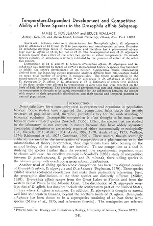 Seller image for Temperature-Dependent Development and Competitive Ability of three Species in the Drosophila affinis Subgroup by Fogleman, James. C., Wallace, Bruce. for sale by Robinson Street Books, IOBA