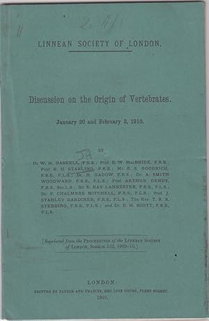 Seller image for Discussion on the Origin of Vertebrates by Gaskell, W.H.; MacBride, E.W.; Starling, E.H.; Goodrich, E.S.; Gadow, H.; Woodward, A. Smith; Dendy, Arthur; Lankester, Ray; Mitchell, P. Chalmers; Gardiner, J. Stanley; Stebbing, T.R.R.; Scott, D.H. for sale by Robinson Street Books, IOBA