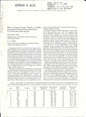 Image du vendeur pour Effect of Linear Energy Transfer on Radiation-Induced Chromosome Aberrations in Tradescantia Microspores by Giles, Norman H.; Tobias, C. A. mis en vente par Robinson Street Books, IOBA