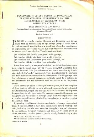 Bild des Verkufers fr Development of Eye Colors in Drosphila: Transplantation Experiments on the Interaction of Vermilion with Other Eye Colors by Ephrussi, Boris; Beadle, G.W. zum Verkauf von Robinson Street Books, IOBA