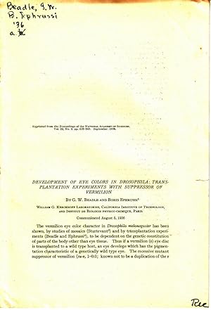 Bild des Verkufers fr Development of Eye Colors in Drosophila: Transplantation Experiments with Suppressor of Vermilion by Beadle, G.W.; Ephrussi, Boris zum Verkauf von Robinson Street Books, IOBA