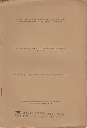 Seller image for A Relationship of Blood Sugar to Thyroid and Suprarenal Size in a Fraternity of Pigeons by Riddle, Oscar; Honeywell, Hannah E.; Spannuth, John R. for sale by Robinson Street Books, IOBA