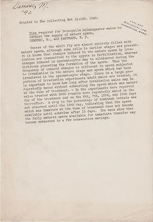 Imagen del vendedor de Time Required for Drosophila melanogaster Males to Exhaust the Supply of Male Sperm by Demerec, M. and Kaufmann, B.P. a la venta por Robinson Street Books, IOBA