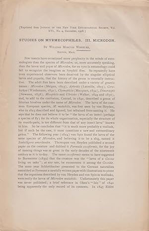 Bild des Verkufers fr Studies on Myrmecophiles. III. Microdon by Wheeler, William Morton zum Verkauf von Robinson Street Books, IOBA