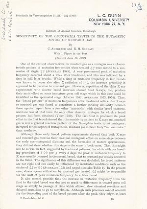 Bild des Verkufers fr Sensitivity of the Drosophila Testis to the mutagenic action of Mustard gas by C. Auerbach and E. M. Sonbati zum Verkauf von Robinson Street Books, IOBA