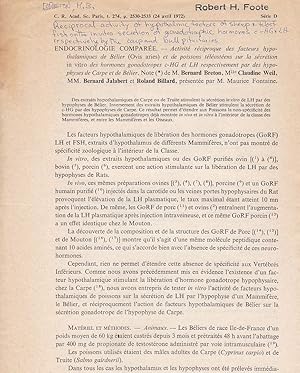 Seller image for Activite reciproque des facteurs hypothalamiques de Belier (ovis aries) et de poissons teleosteens sur la secretion in vitro des hormones gonadotopes c-HG et LH respectivement par des hypophyses de carpe et de Belier by Bernard Breton, Claudine Weil, Bernard Jalaber, and Roland Billard for sale by Robinson Street Books, IOBA