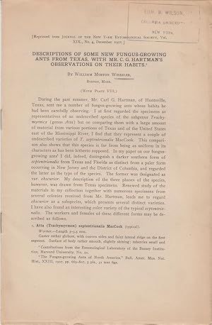 Bild des Verkufers fr Descriptions of Some New Fungus-Growing Ants from Texas, with Mr. C.G. Hartman's Observations on their Habits by Wheeler, William Morton zum Verkauf von Robinson Street Books, IOBA