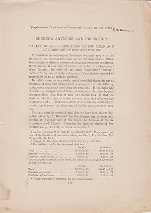 Seller image for Shorter Articles and Discussion: Variation and Correlation in the Mean Age at Marriage of Men and Women by Harris, J. Arthur and Vivian, Roxana H. for sale by Robinson Street Books, IOBA