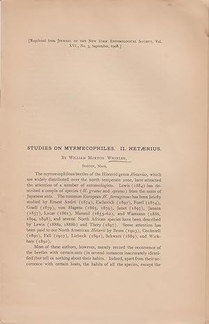 Bild des Verkufers fr Studies on Myrmecophiles. II. Hetaerius by Wheeler, William Morton zum Verkauf von Robinson Street Books, IOBA
