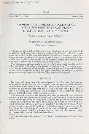 Imagen del vendedor de Records of Hummingbird Pollination in the Western American Flora I. Some California Plant Species by Grant, Verne and Grant, Karen A. a la venta por Robinson Street Books, IOBA