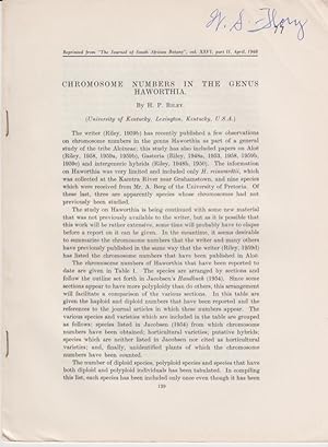 Seller image for Chromosome Numbers in the Genus Haworthia by Riley, H.P. for sale by Robinson Street Books, IOBA