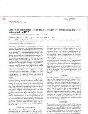 Bild des Verkufers fr Critical Experimental test of the Possibility of "paternal leakage" of mitochondrial DNA by Robert A. Lansman, John C. Avise, and Milton D. Huettel zum Verkauf von Robinson Street Books, IOBA