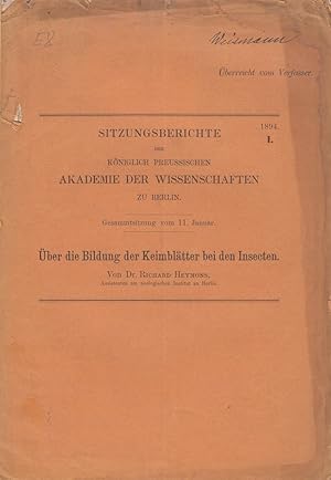 Seller image for Uber die Bildung der Keimblatter bei den Insecten by Heymons, Dr. Richard for sale by Robinson Street Books, IOBA