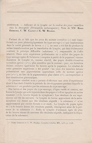 Imagen del vendedor de Influence de la Lymphe sur la Coleur des Yeux Vermilion chez la Drosophile (Drosophila Melanogaster) by Ephrussi, Boris with C. W. Clancy and G. W. Beadle a la venta por Robinson Street Books, IOBA