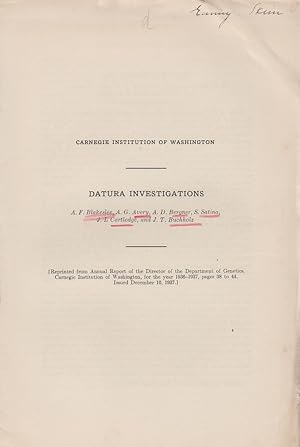 Imagen del vendedor de Datura Investigations by Blakeslee, A.F.; Avery, A.G.; Bergner, A.D.; Satina, S.; Cartledge, J.L.; and Buchholz, J.T. a la venta por Robinson Street Books, IOBA