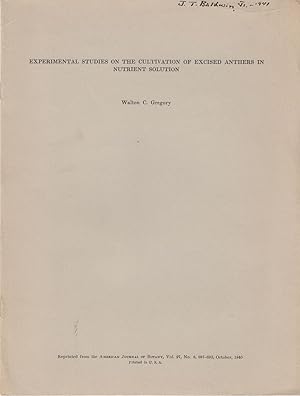 Imagen del vendedor de Experimental Studies on the Cultivation of Excised Anthers in Nutrient Solution by Gregory, Walton C. a la venta por Robinson Street Books, IOBA