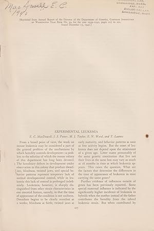 Seller image for Experimental Leukemia by MacDowell, E.C.; Potter, J.S.; Taylor, M.J.; Ward, E.N. and Laanes, T. for sale by Robinson Street Books, IOBA