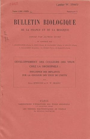 Seller image for Developpement des Couleurs des Yeux chez la Drosophile: Influence des Implants sur la Couleur des Yeux de l'Hote by Ephrussi, Borris and Beadle, G.W. for sale by Robinson Street Books, IOBA