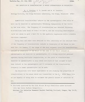 Seller image for The Induction of Translocations in Mouse Spermatogonia by Radiation by Preston, R.J., Brewen, J.G. and Generoso, W.M. for sale by Robinson Street Books, IOBA