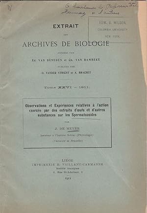 Bild des Verkufers fr Observations et Experiences relatives a l'action exercee par des extraits d'ceuts et d'autres substances sur les spermatozides by J. De Meyer zum Verkauf von Robinson Street Books, IOBA