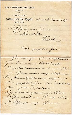 (Handgeschriebener Brief mit dem Briefkopf Grand Hotel Hof Ragatz").