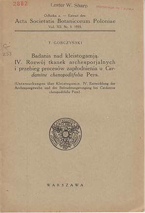 Seller image for Badania nad kleistogamja IV. Rozwoj tkanek archesporjalnych i przebieg procesow zaplodnienia u Cardamine chenopodiifolia Pers. by Gorczynski, T. for sale by Robinson Street Books, IOBA