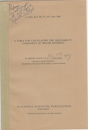 Bild des Verkufers fr A Table for Calculating the "Equitability" Component of Species Diversity by Lloyd, Monte; Ghelardi, R.J. zum Verkauf von Robinson Street Books, IOBA