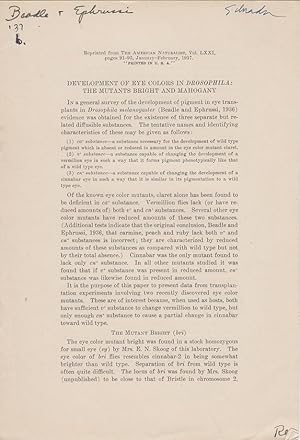 Bild des Verkufers fr Development of Eye Colors in Drosophila: The Mutants Bright and Mahogany by Beadle, G.W.; Ephrussi, Boris zum Verkauf von Robinson Street Books, IOBA
