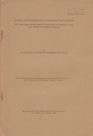 Imagen del vendedor de Studies on the Physiology of Reproduction in Birds XVI. The Normal Blood Sugar of Pigeons and its Relation to Age, Sex, Species, and Certain Diseases by Riddle, Oscar. Honeywell, Hannah. E. a la venta por Robinson Street Books, IOBA