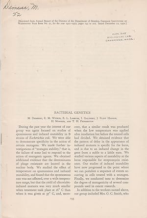 Image du vendeur pour Bacterial Genetics by Demerec, M.; Witkin, E.M.; Labrum, E.L.; Galinky, I.; Hanson, J. Flint; Monsees, H.; Fetherston, T.H. mis en vente par Robinson Street Books, IOBA