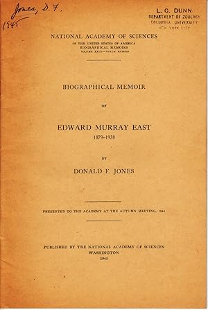 Seller image for Biographical Memoir of Edward Murray East 1879 - 1938 by Jones, Donald F. for sale by Robinson Street Books, IOBA