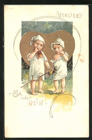 Ansichtskarte Kinder im Nachthemd spielen mit ihrem Steckenpferd