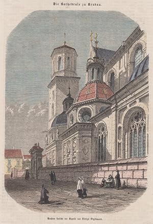 orig. kol. Holzstich Die Kathedrale zu Krakau - Äußere Ansicht der Kapelle des Königs Sigismund