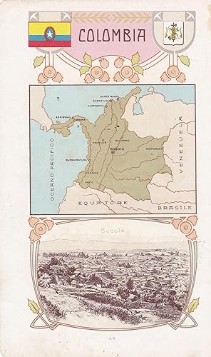 COLOMBIA. Miniature map with top and bottom border decoration and view of the city of Bogota be...