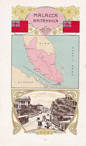 MALACCA BRITANNICA. Miniature map of Malaysia with top and bottom border decoration and street ...