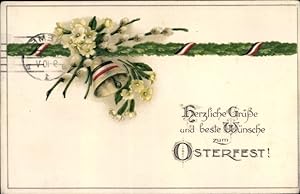 Ansichtskarte / Postkarte Glückwunsch Ostern, Glocke, Weidenkätzchenzweige, Blüten, Patriotik