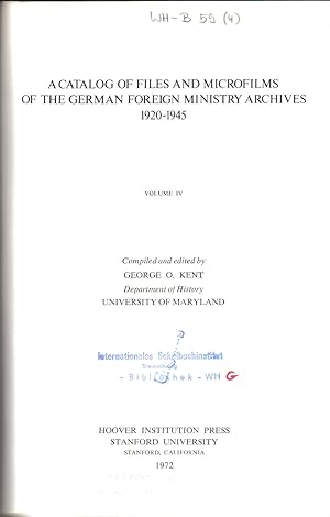 Bild des Verkufers fr A Catalog of Files and Microfilms of the German Foreign Ministry zum Verkauf von Clivia Mueller