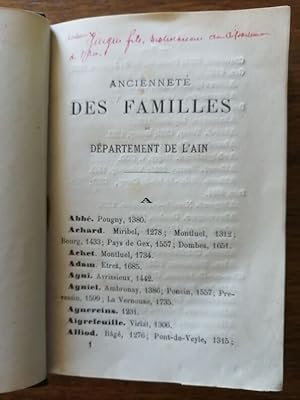 Ancienneté des familles du département de l Ain 1878 - GUIGUE Marie Claude - Généalogie Régionali...