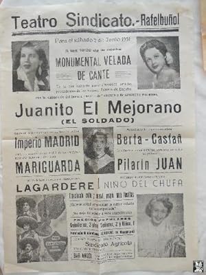 Poster - Cartel : MONUMENTAL VELADA DE CANTE. Juanito El Mejorano, El Soldado. 1951 RAFELBUÑOL