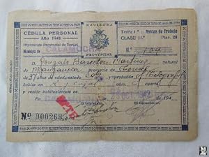 Antigua tarjeta - Old Card : CÉDULA PERSONAL. Diputación Provincial de Teruel. Calamocha 1941