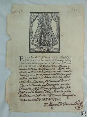 RECIBO DE DONACIÓN DE SALVADORA RIBES (Alzira) A LA VIRGEN DE LOS DESAMPARADOS 1813