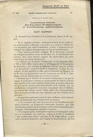 Seller image for Socit Prhistorique Franaise - T. VIII - Rapport XLIV et XLV - Commission d'tude des Enceintes Prhistoriques et Fortifications anhistoriques. (Sance du 26 Janvier 1911). for sale by PRISCA