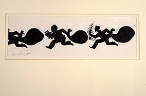 An original black and white silhouette drawing from "Christmas 1993 or Santa's Last Ride."