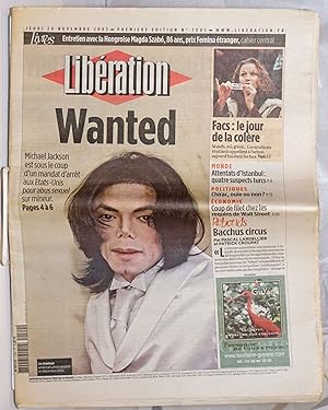 Image du vendeur pour Liberation: Jeudi 20, Novembre 2004; Premiere edition #7005; Wanted: Michael jackson mis en vente par Bolerium Books Inc.