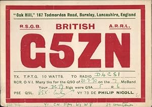 Ansichtskarte / Postkarte Großbritannien, Funkerkarte, G5ZN, Oak Hill, 167 Todmorden Road, Burnle...