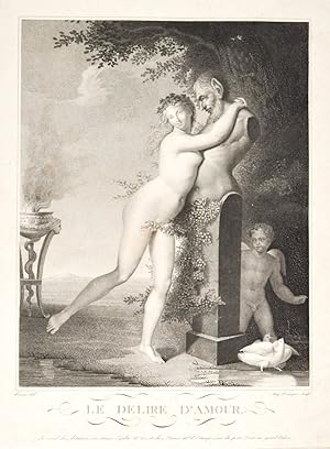 Bild des Verkufers fr MYTHOLOGIE. - Amor. "Le Delire d'Amour". Eine nackte junge Frau umarmt die Statuette eines Mannes mit spitzen Ohren, rechts dahinter der geflgelte Amor mit zwei Turteltauben. zum Verkauf von Peter Bierl Buch- & Kunstantiquariat Inh.: Andrea Bierl