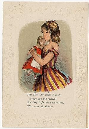 Valentine Greeting from Pretty Young Girl reminiscent of a Paper Doll Holding a Doll No.2